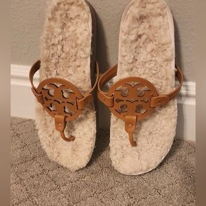Brown Tory Burch Miller Cloud Sherling Sandals Size 9.
